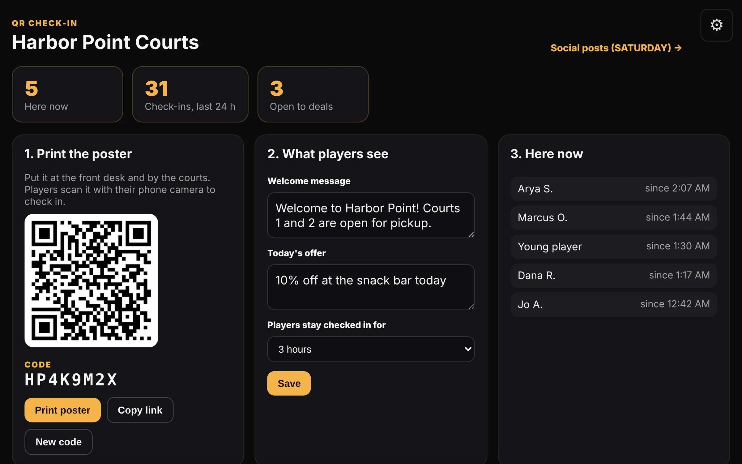 QR check-in page with a printable poster, welcome message and list of players checked in