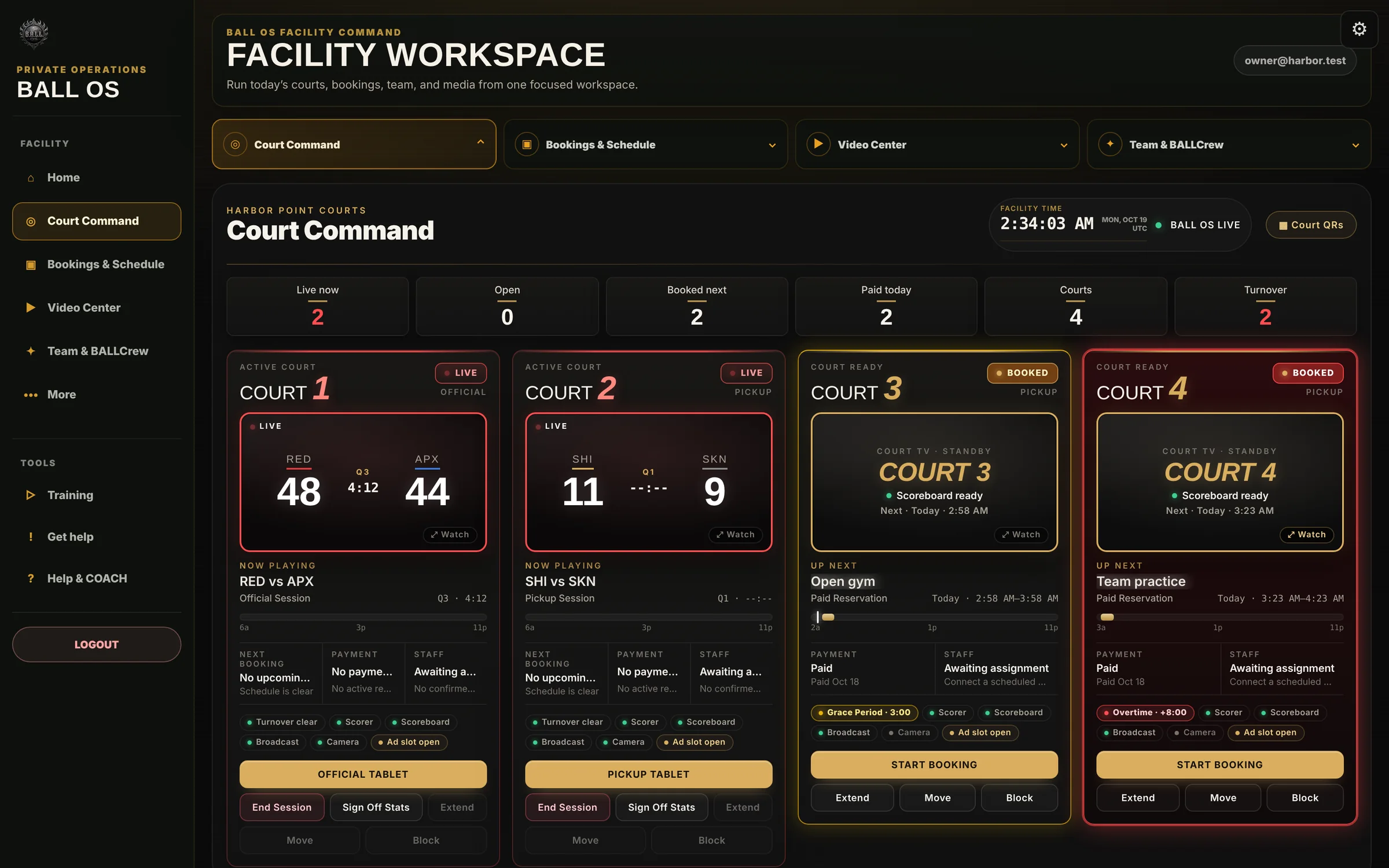Court Command showing four courts with live scores, upcoming bookings and turnover status