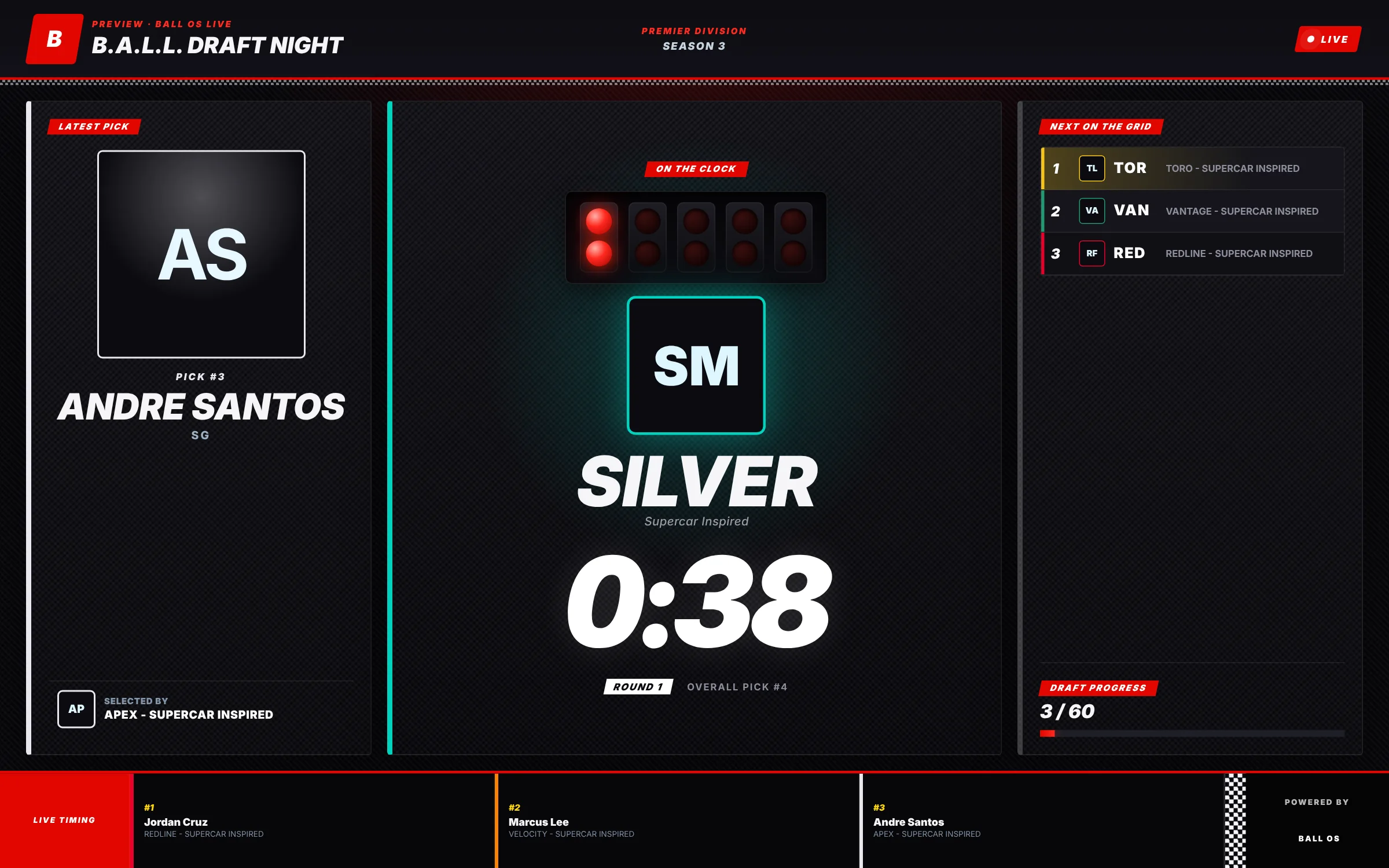 Draft Night broadcast in the Supercar theme with start lights, the team on the clock, the pick timer and the pick order