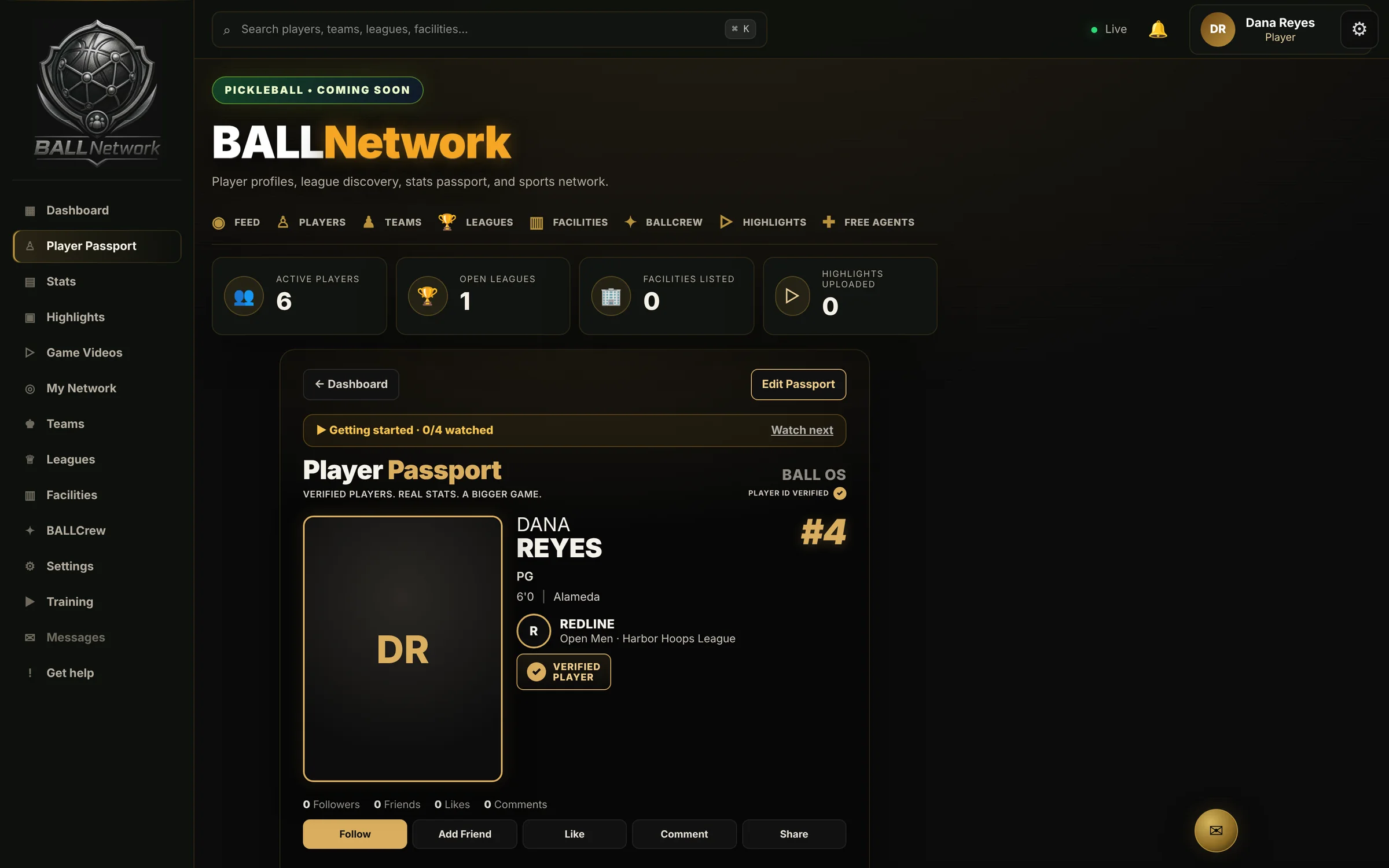 Player Passport showing a verified player profile card inside BALLNetwork