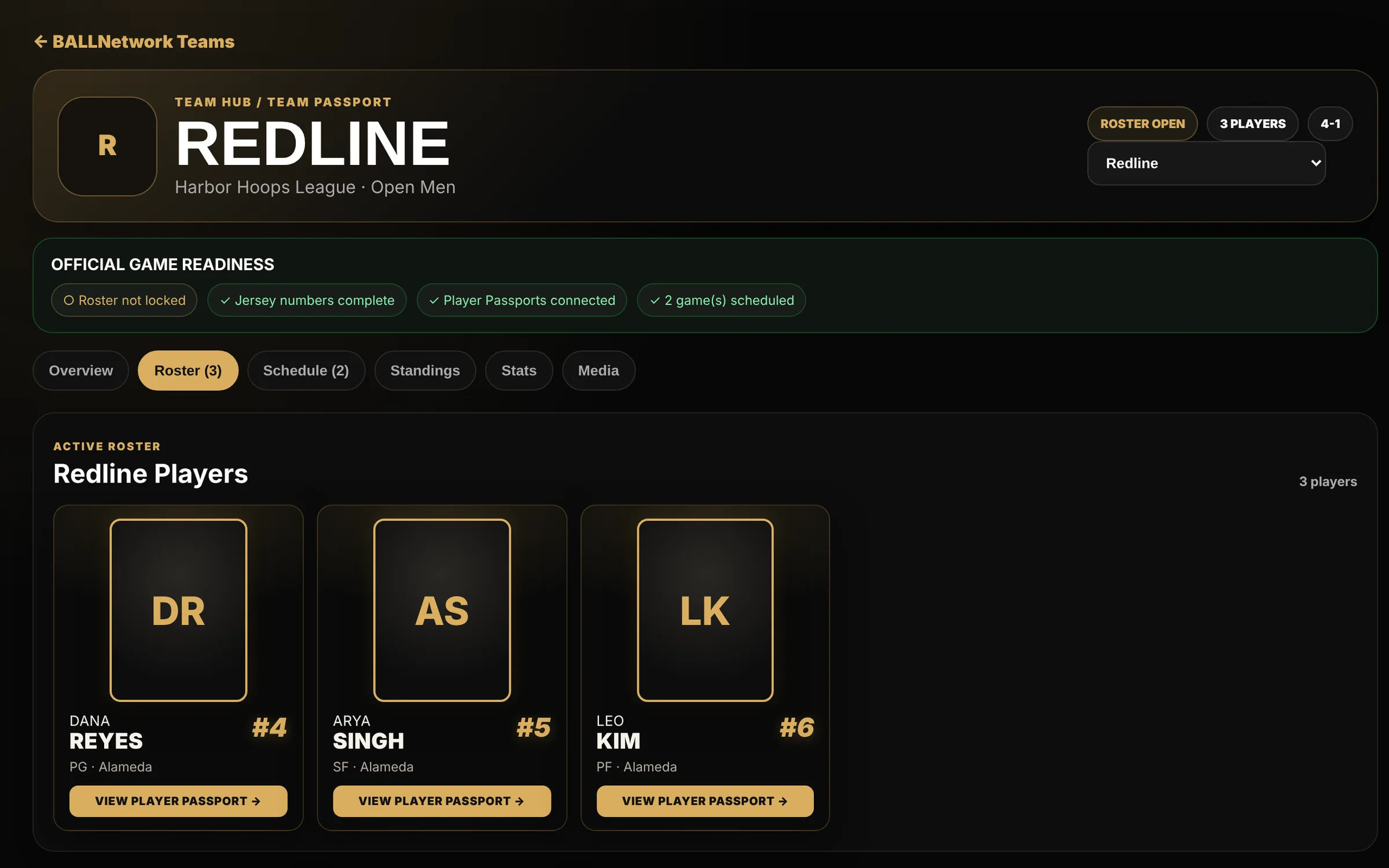 Team Hub showing a locked-roster readiness check and the active roster with player cards