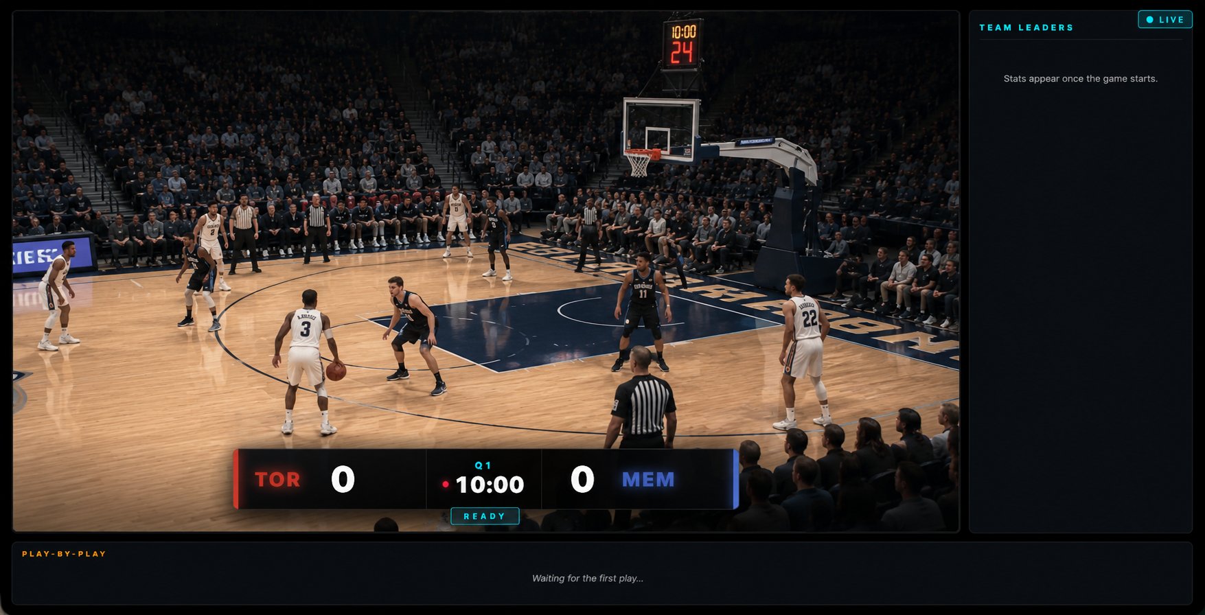 BALL OS broadcast overlay over a basketball game showing TOR vs MEM scorebug, LIVE badge, Team Leaders panel, and Play-By-Play ticker.