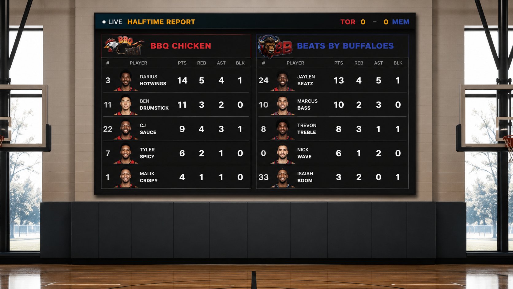 BALL OS halftime player leaderboard showing BBQ Chicken vs Beats By Buffaloes with player photos, points, rebounds, assists, and blocks for the top five players on each team.