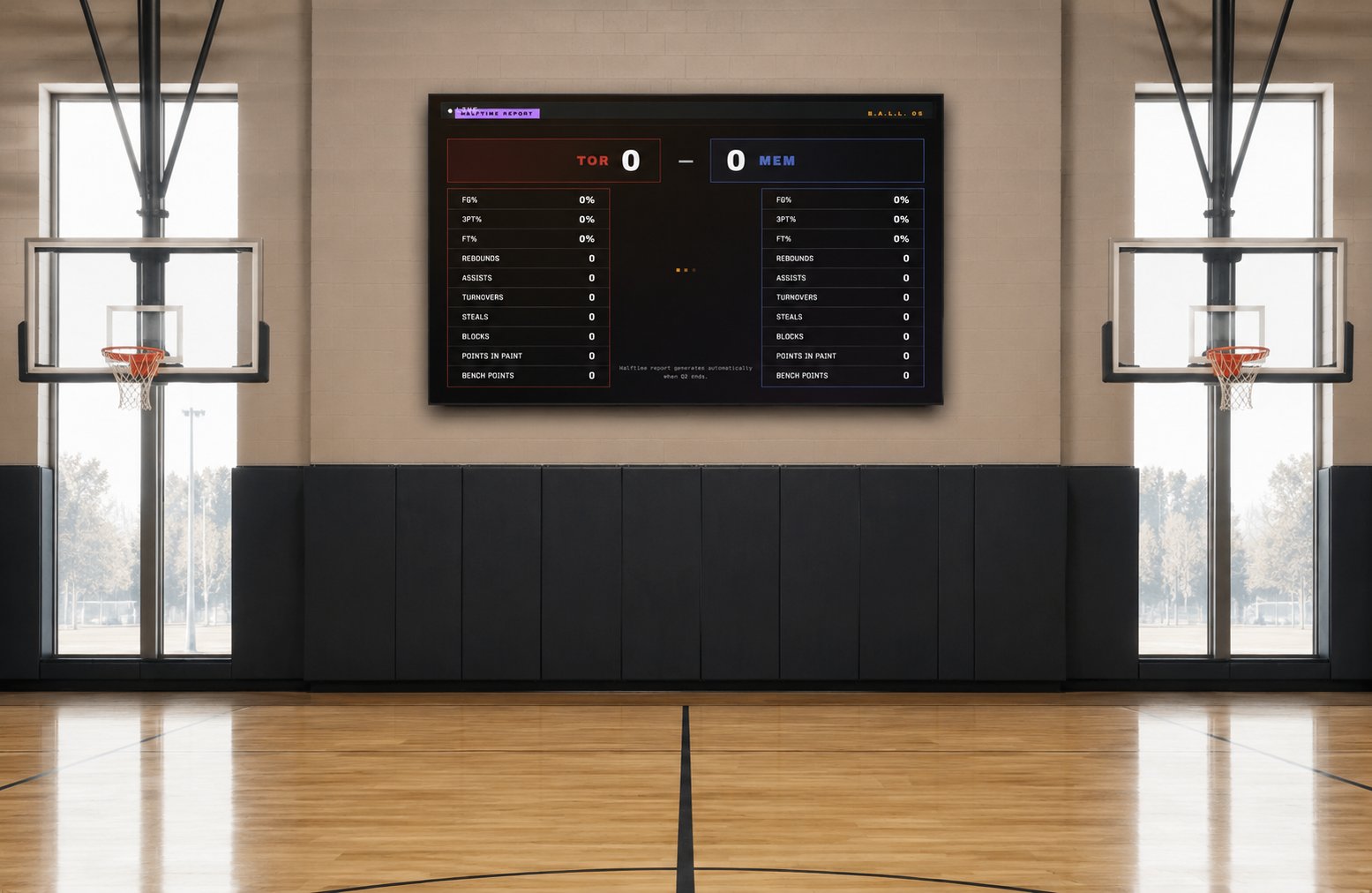 BALL OS halftime stats wall display showing FG%, 3PT%, FT%, rebounds, assists, turnovers, steals, blocks, points in paint, and bench points for both teams.